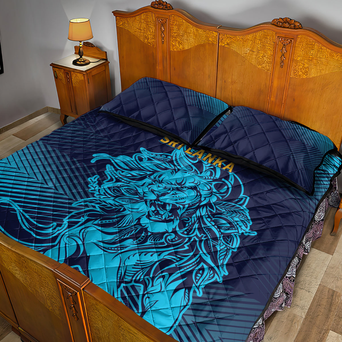 Navy quilt bed set with teal lion illustration and matching pillow shams
