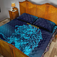 Navy quilt bed set with teal lion illustration and matching pillow shams