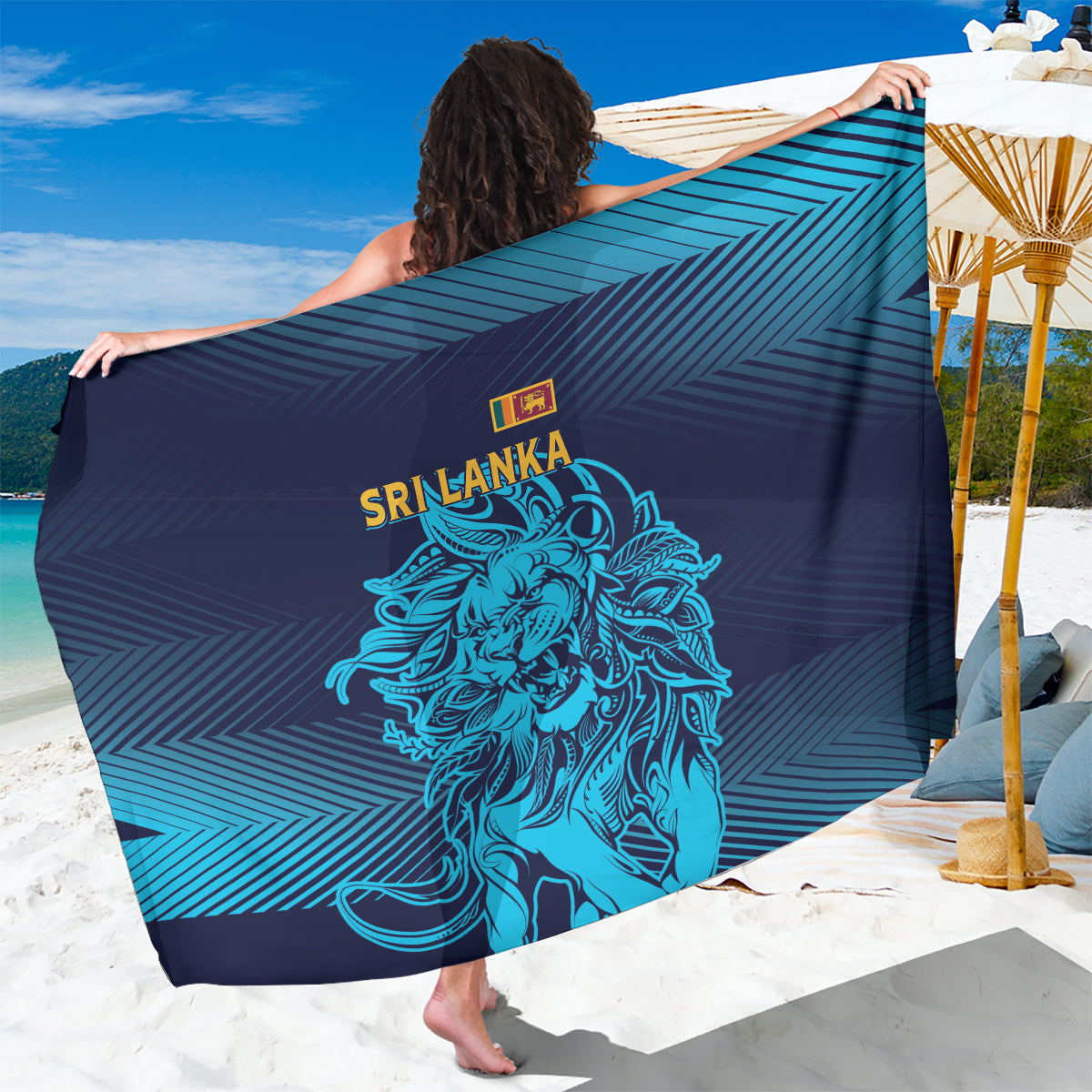 Dark blue sarong with blue lion design and diagonal stripe pattern.