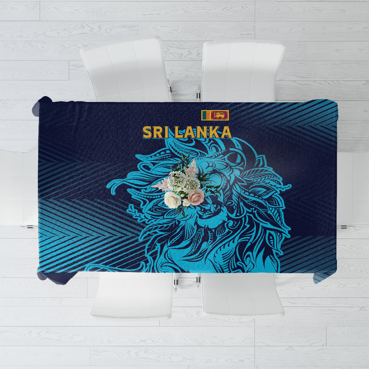 Navy and blue cricket tablecloth with lion graphic and Sri Lanka text