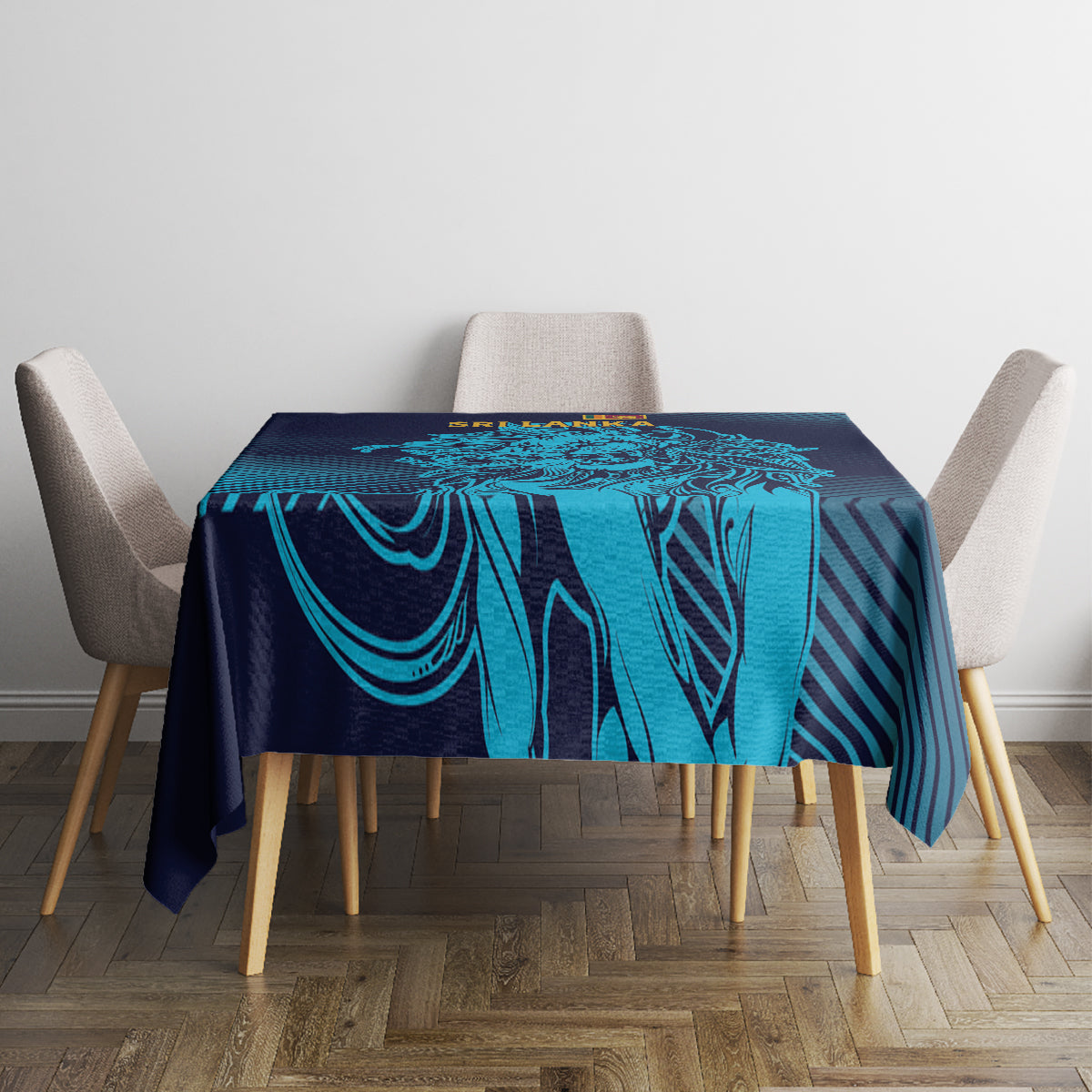 Navy and cyan geometric tablecloth on a square table with four fabric chairs