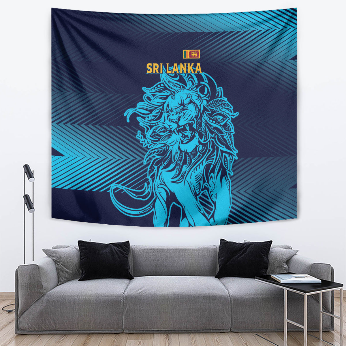 Rectangular wall tapestry with blue gradient background, lion artwork, and Sri Lanka lettering.