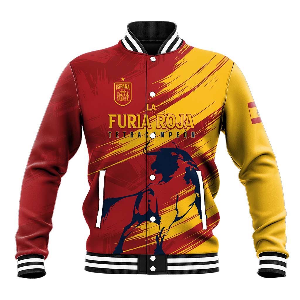 Red and yellow zip-up baseball jacket with front graphic text and striped ribbed cuffs