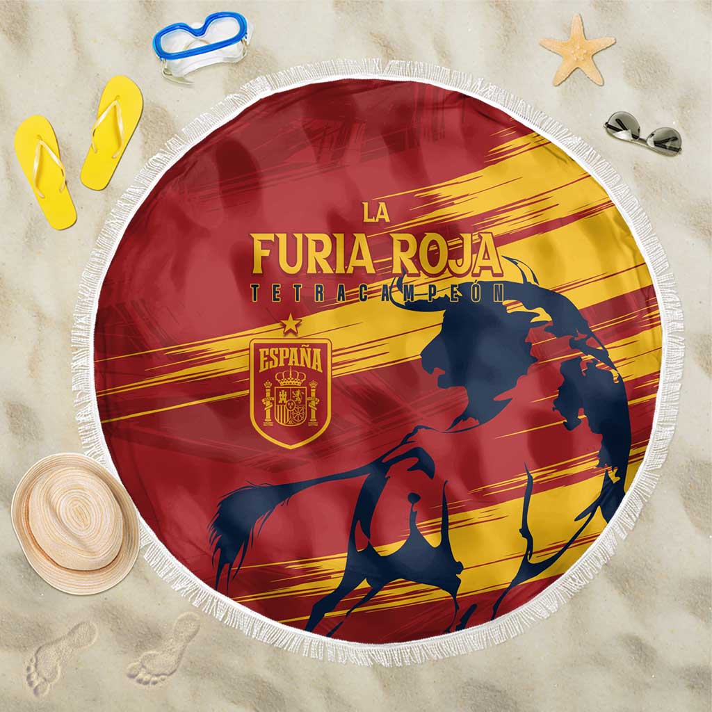 Round Spain beach blanket, 150cm, red-and-yellow graphic with white fringe edge.
