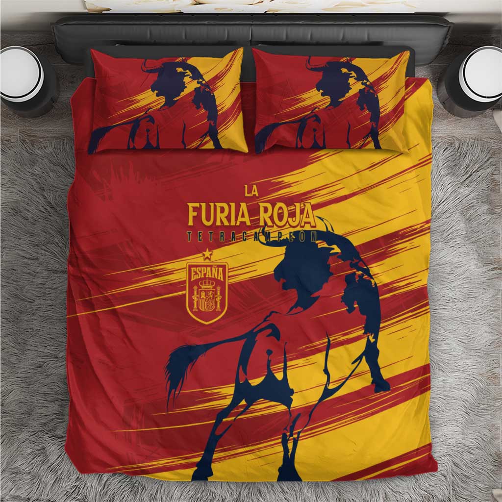 Spain themed red and yellow bedding set with blue bullfighter silhouettes and pillow shams