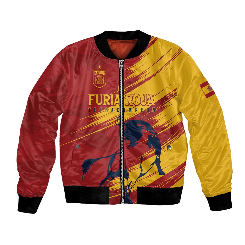 Two-tone red and yellow bomber jacket with front zipper, crest graphic, and black rib trim