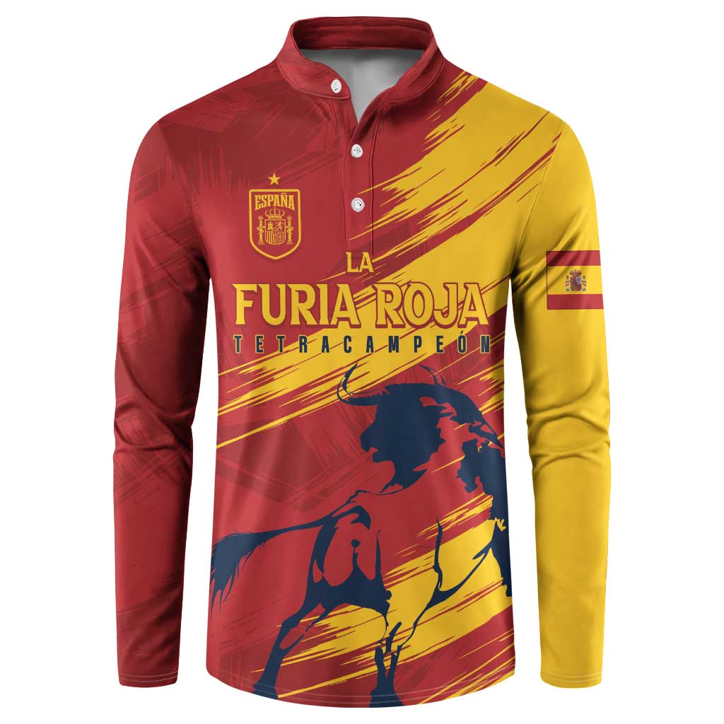 Red and yellow button-front sweatshirt with Spain crest and football graphic
