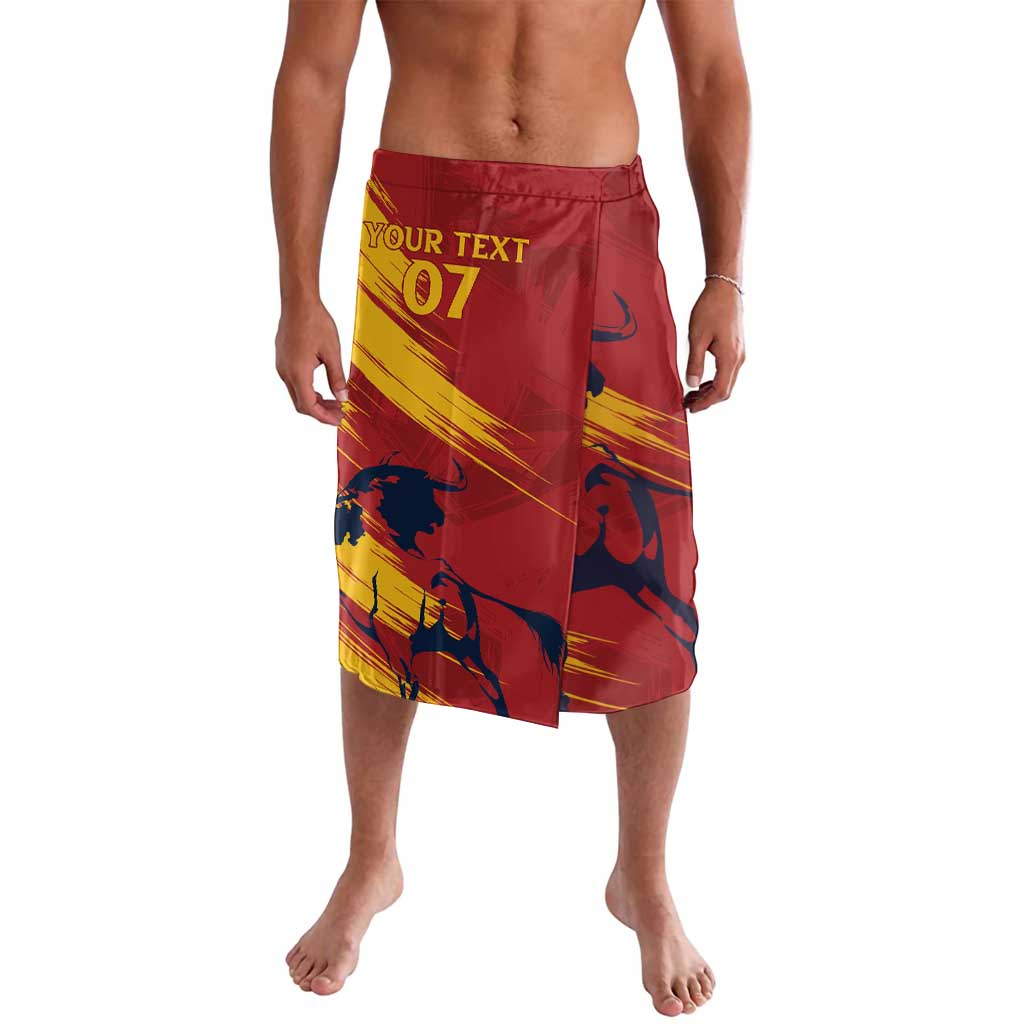 Red custom surf shorts with elastic waistband and bold Spain-themed graphic, side hem split