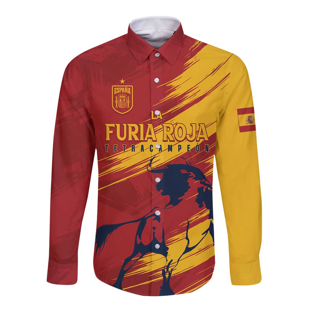 Long-sleeve button shirt with red and yellow Spain graphic front