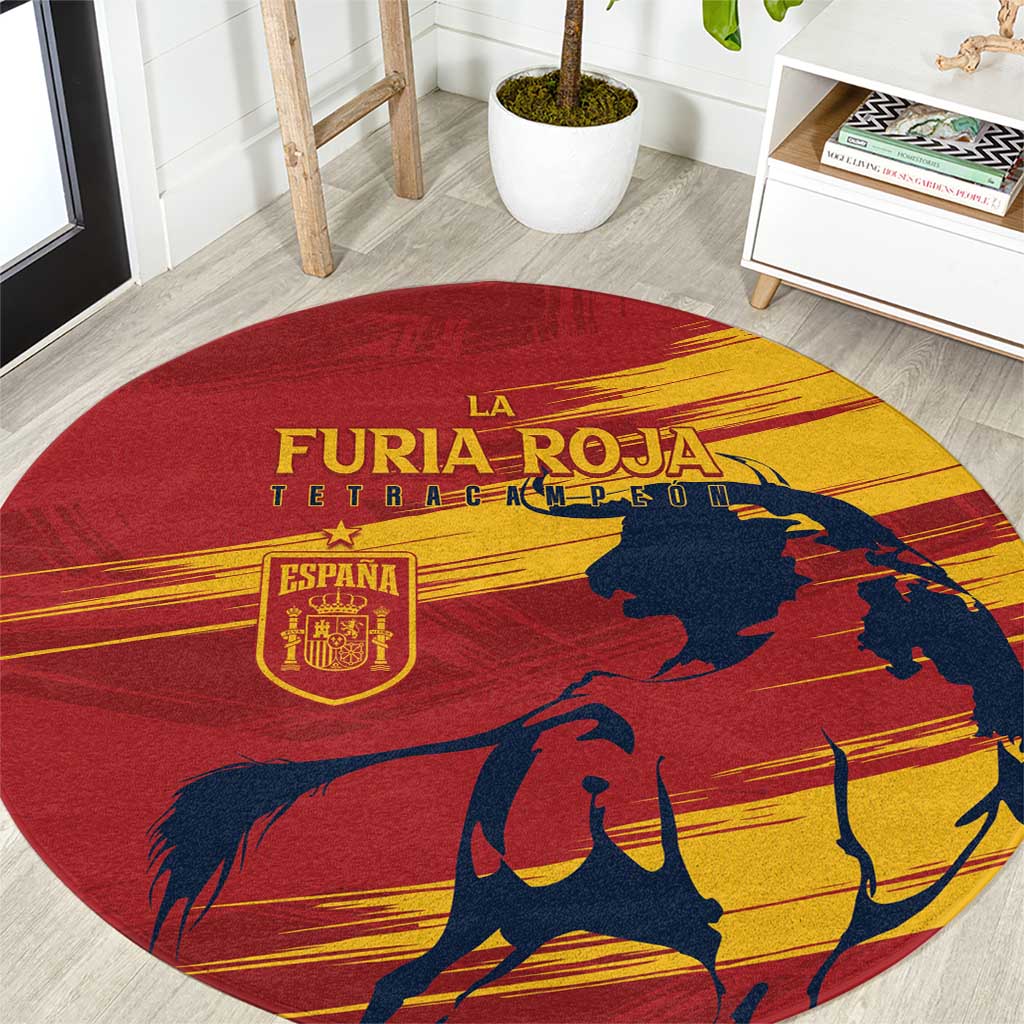 Round red Spain rug with 'FURIA ROJA' text, bull silhouette, and gold border lines