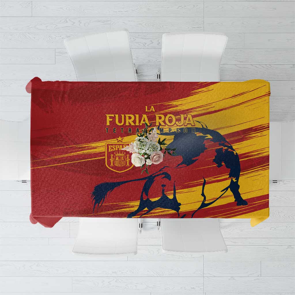 Spain tablecloth with red and yellow bull graphic and gold text, rectangular