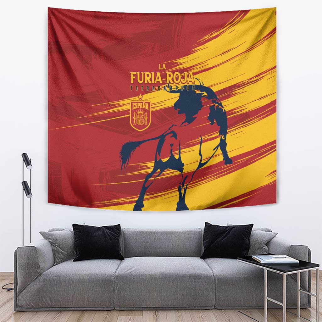Red and yellow Spain fan tapestry with horseman silhouettes and shield crest