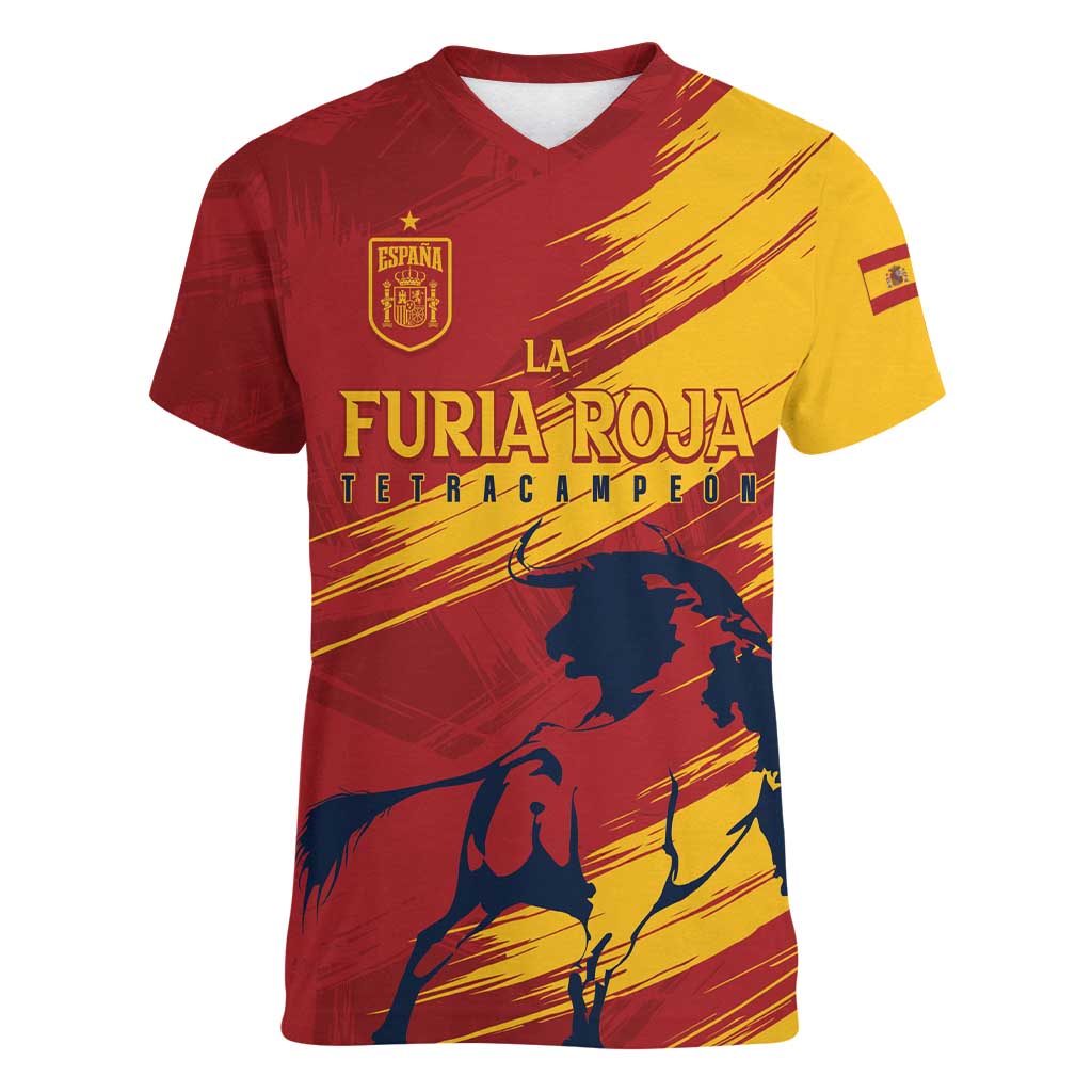 Spain La Furia Roja Custom Women V-Neck T-Shirt 2024 Tetracampeon Espana - Wonder Print Shop