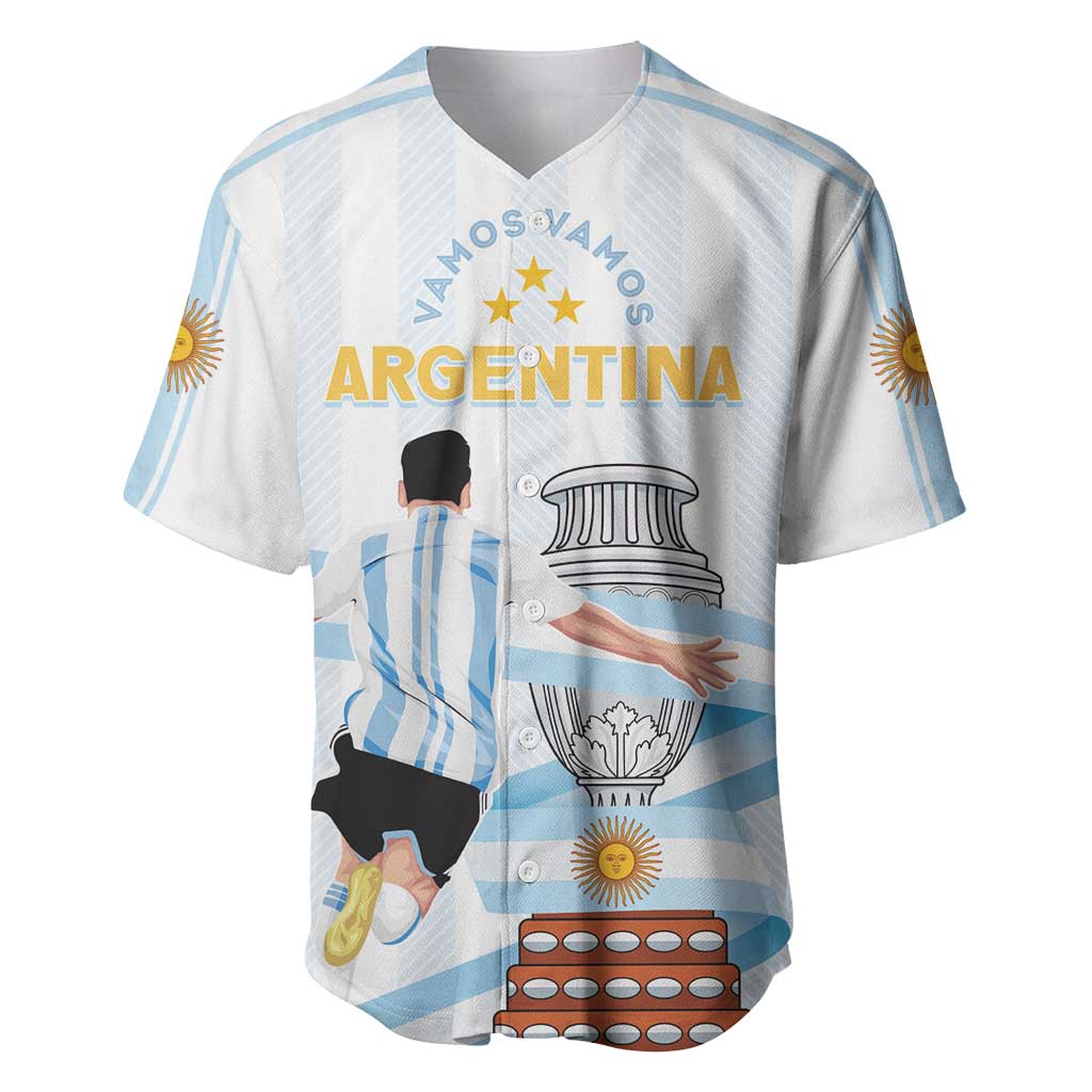 Light blue and white striped baseball jersey with V-neck, Argentina text and player graphic