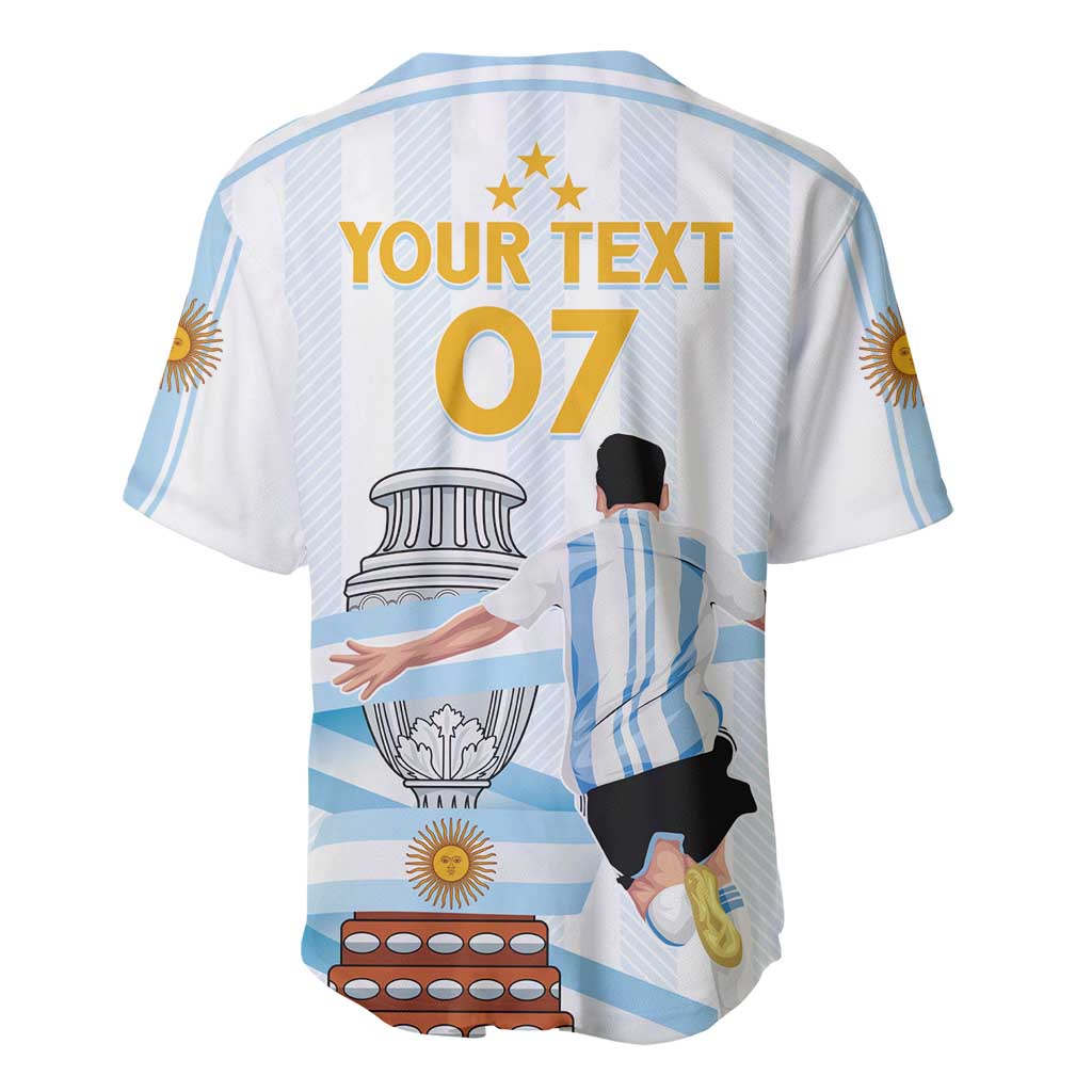 Light blue/white striped baseball jersey, V-neck, back 'YOUR TEXT 07' and trophy graphic