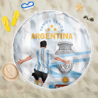 Round beach blanket with ARGENTINA text, trophy, blue stripes and sun design