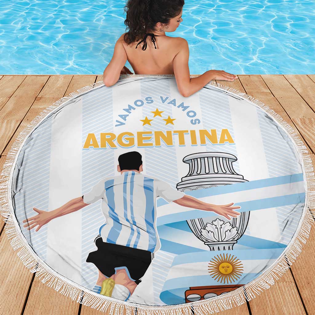 Round beach blanket with ARGENTINA text, trophy, blue stripes and sun; fringe edge