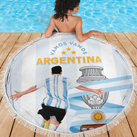 Round beach blanket with ARGENTINA text, trophy, blue stripes and sun; fringe edge