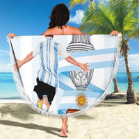 Round beach blanket with Argentina-themed graphic, blue stripes, trophy and sun