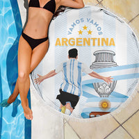 Round beach blanket showing ARGENTINA text, blue stripes, trophy and sun design