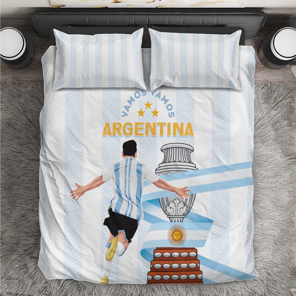 White comforter and pillowcases with light blue stripes and Argentina central print