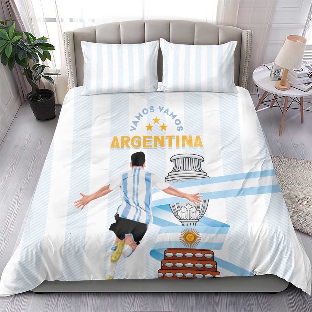 White bedding set with light blue stripes and Argentina-themed graphic on comforter