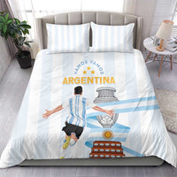 White bedding set with light blue stripes and Argentina-themed graphic on comforter
