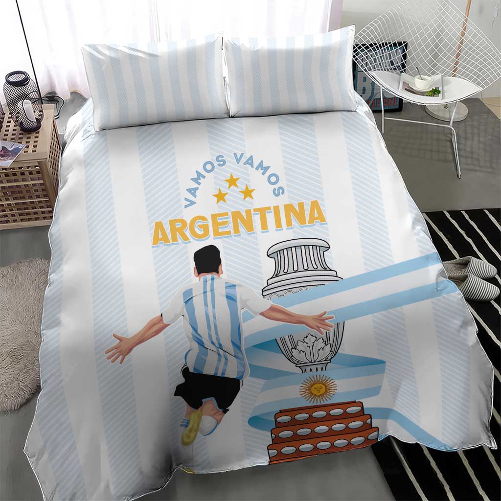 White and light blue striped bedding set with Argentina graphic on the duvet