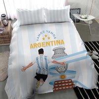 White and light blue striped bedding set with Argentina graphic on the duvet