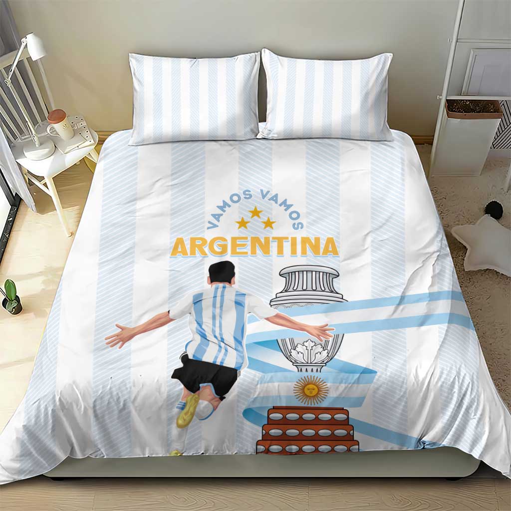 White bedding set featuring light blue stripes and Argentina artwork on the comforter