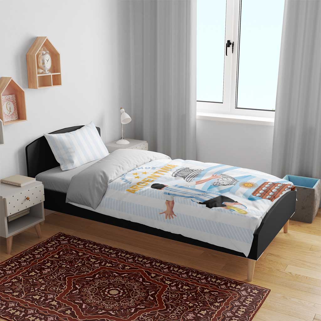 Argentina-themed duvet with light blue stripes, matching pillowcases in a bedroom setting
