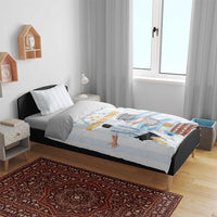 Argentina-themed duvet with light blue stripes, matching pillowcases in a bedroom setting