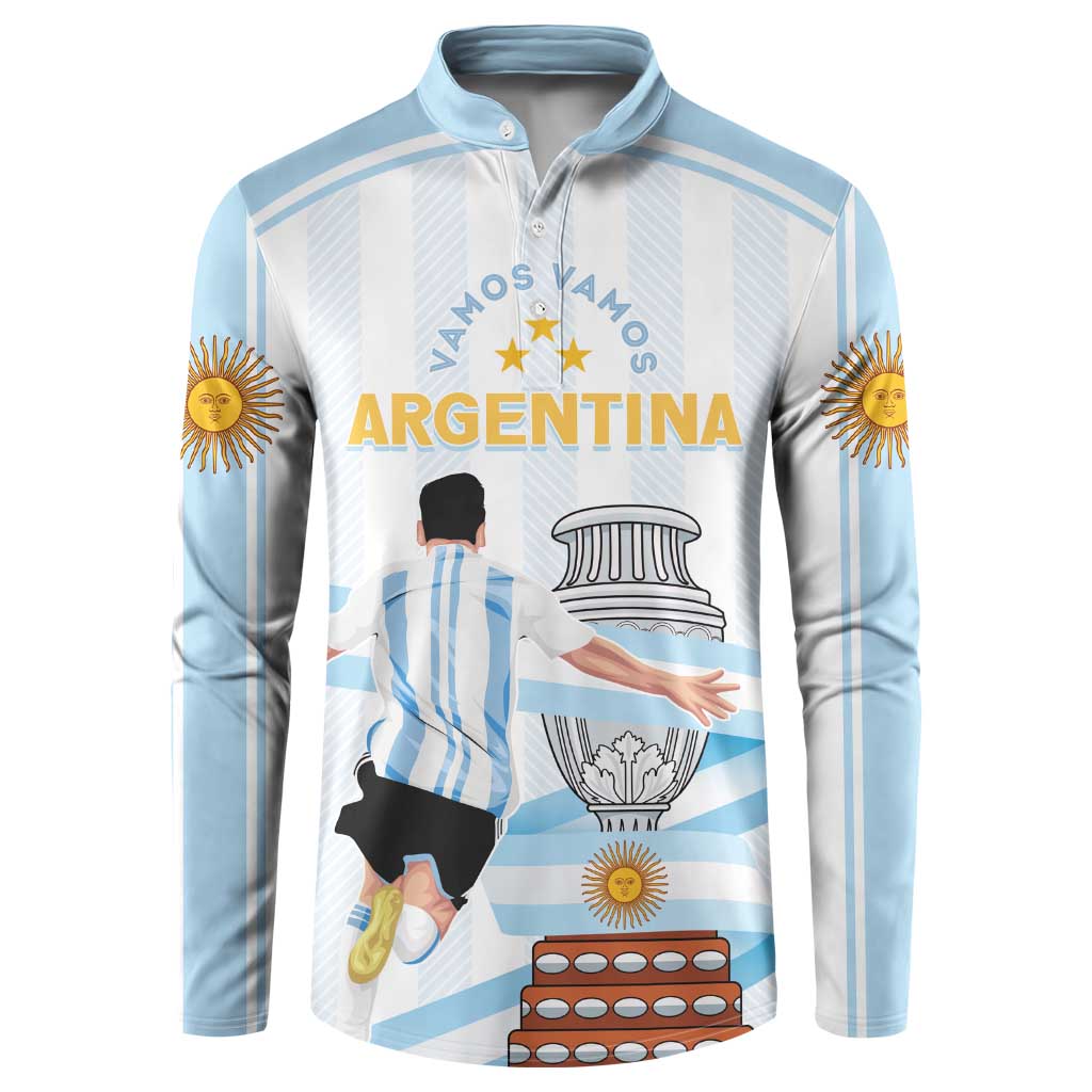 Light blue striped custom button sweatshirt with Argentina graphic and star accents