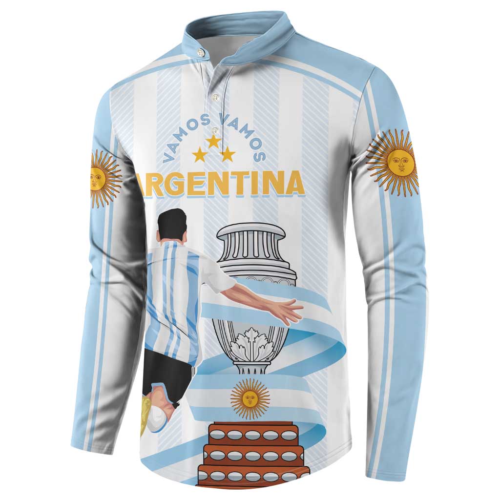 Light blue striped custom button sweatshirt with Argentina graphic and sun emblem sleeve