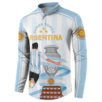 Light blue striped custom button sweatshirt with Argentina graphic and sun emblem sleeve