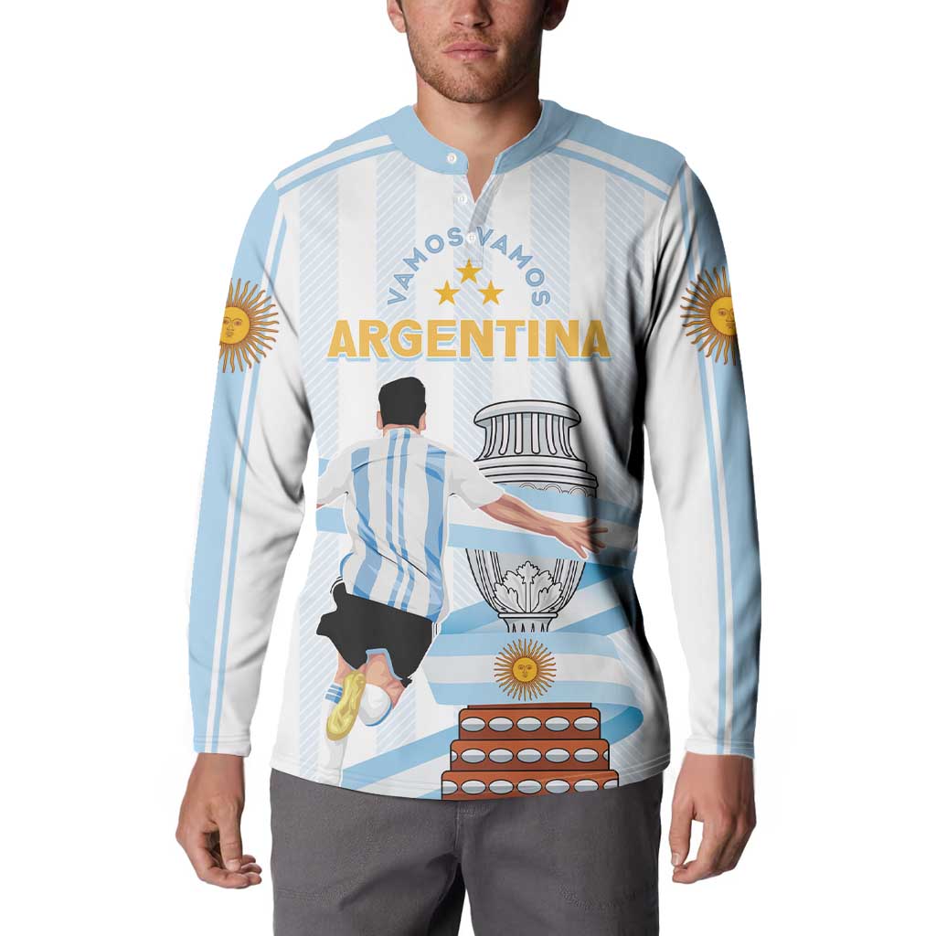 Light blue striped custom button sweatshirt with Argentina graphic and sun emblems