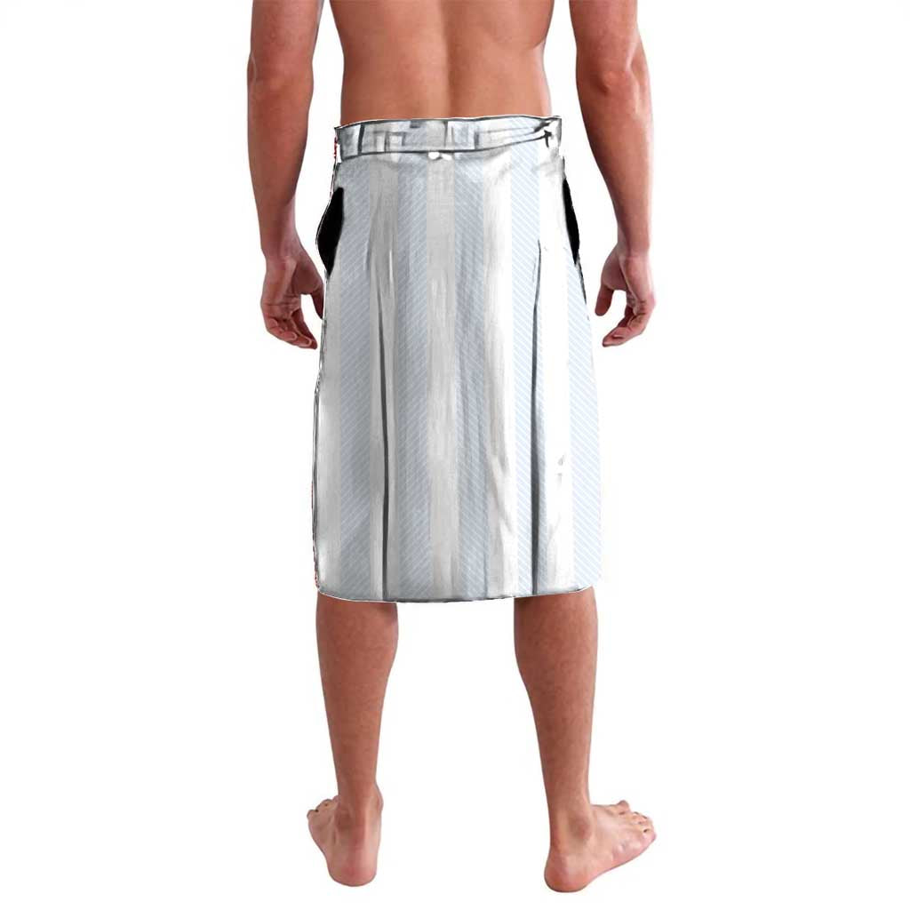 Light blue striped wrap shorts with black trim and elastic waistband, rear view