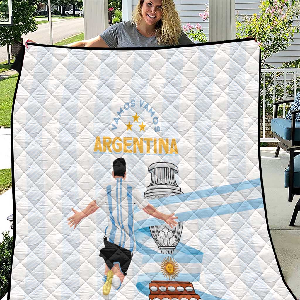 White quilt with diamond stitching and Argentina football-themed graphics, full-figure design