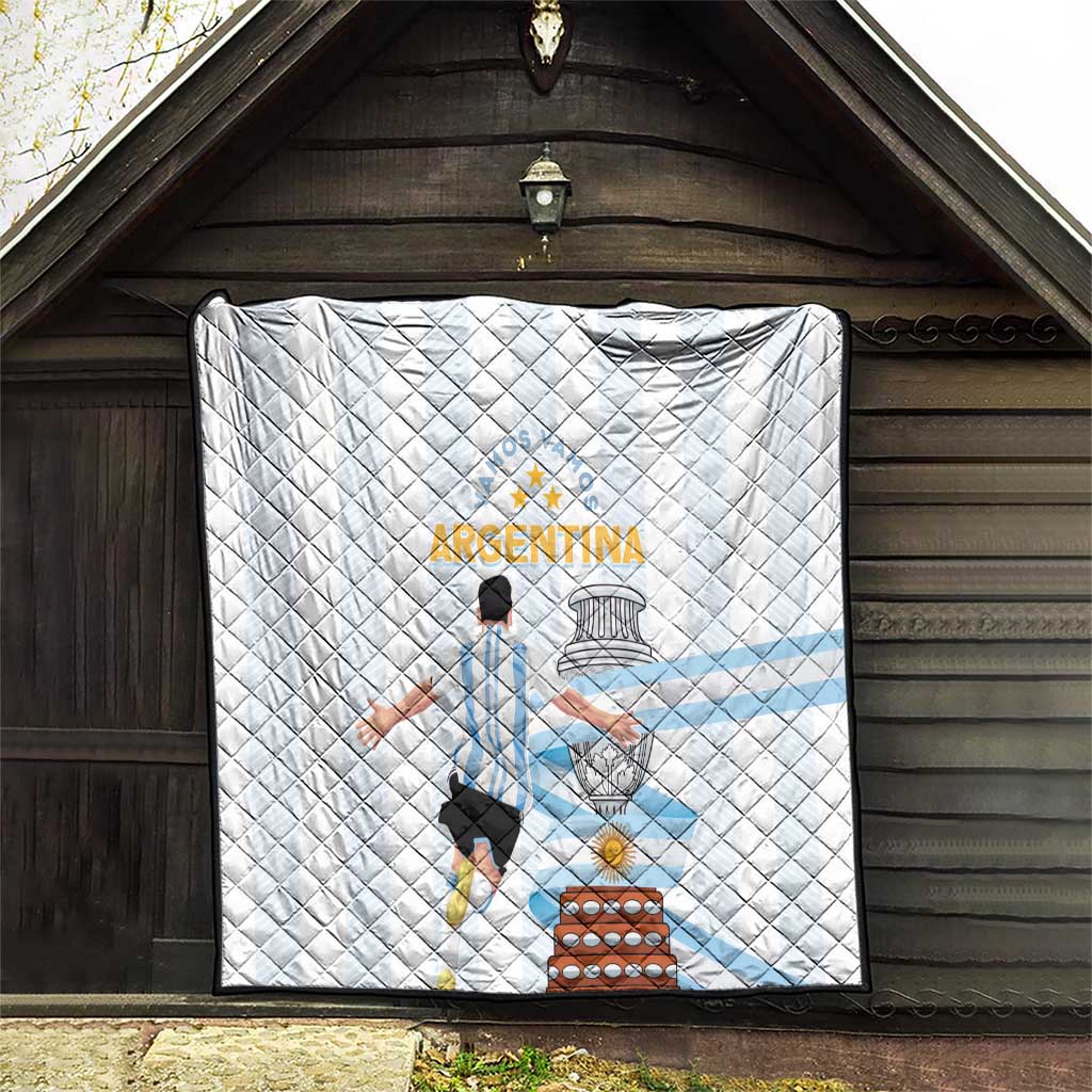 White quilted blanket hanging outdoors, Argentina logo with fan figures and cup graphic