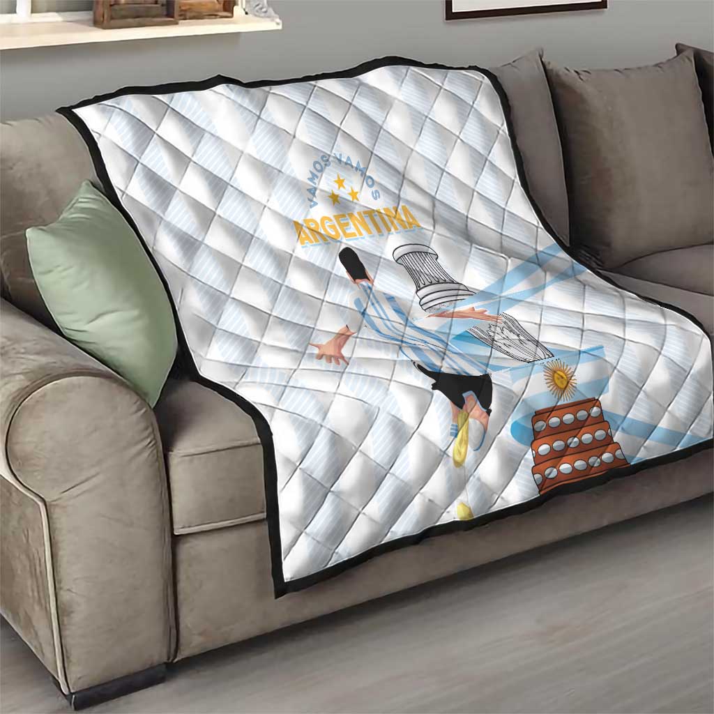 White quilted blanket on sofa, Argentina graphic with characters, cup and sun design