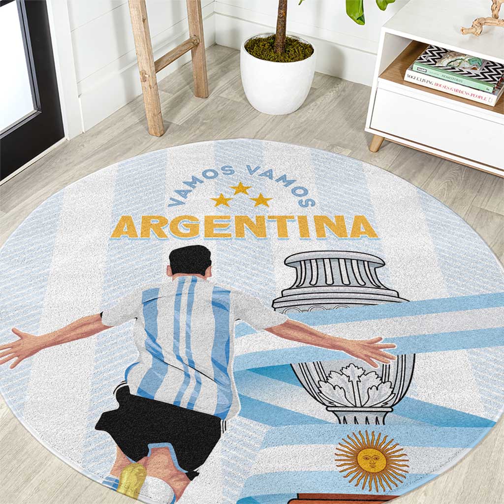 Round Argentina fan carpet with VAMOS VAMOS text, stars, and blue flag art on gray
