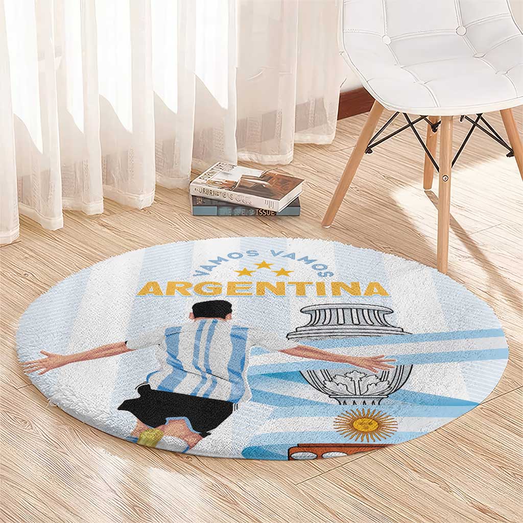 Round Argentina fan carpet with light blue flag graphic, stars, player, and obelisk