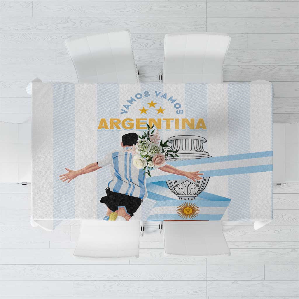 White tablecloth with light blue stripes and Argentina-themed central print