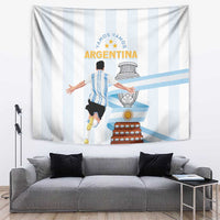 Hanging Argentina-themed tapestry with light blue striped background and player holding a banner