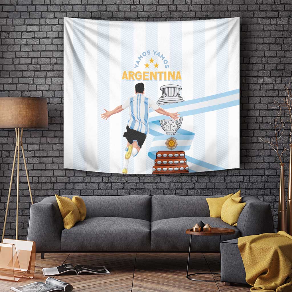 Hanging Argentina tapestry with light blue striped design and central emblem with banner