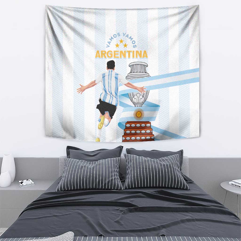 Hanging Argentina tapestry with blue-and-white striped pattern and central coat-of-arms emblem