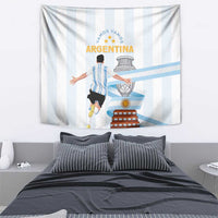Hanging Argentina tapestry with blue-and-white striped pattern and central coat-of-arms emblem