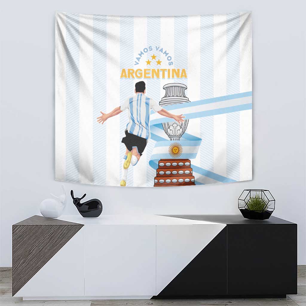 Hanging Argentina tapestry with blue-and-white stripes, central crest, and action player graphic