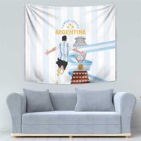 Hanging Argentina tapestry with blue vertical stripes and a player holding a wide banner