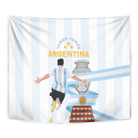 Hanging Argentina tapestry featuring blue-and-white vertical stripes and Argentina text crest